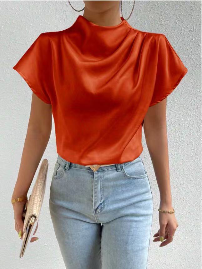 2026 Cross-Border Hot-Selling New Product Round Neck Short-Sleeve Left Shoulder Ruched T-Shirt Satin Women's Top Wholesale in Stock