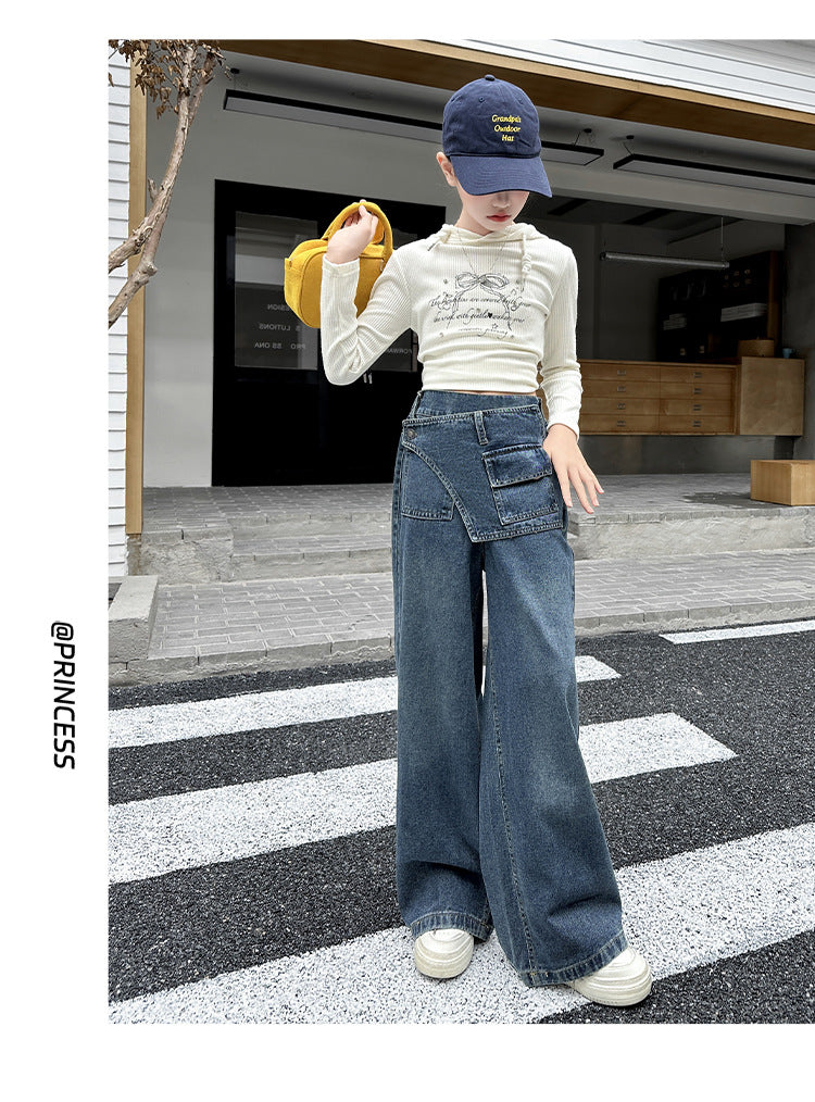 Girls' fart curtain jeans spring autumn new style teens children's straight tube loose wide leg pants retro blue casual pants