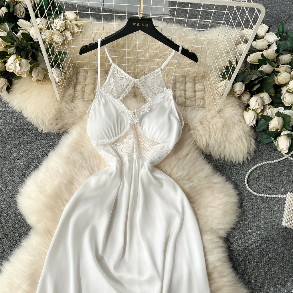 CHILLGIO Women Lace Satin Spaghetti Strap Dress Sexy Hollow Fashion Nightwear Nightgowns Ins Hot A Line Nightie Pajamas Sundress