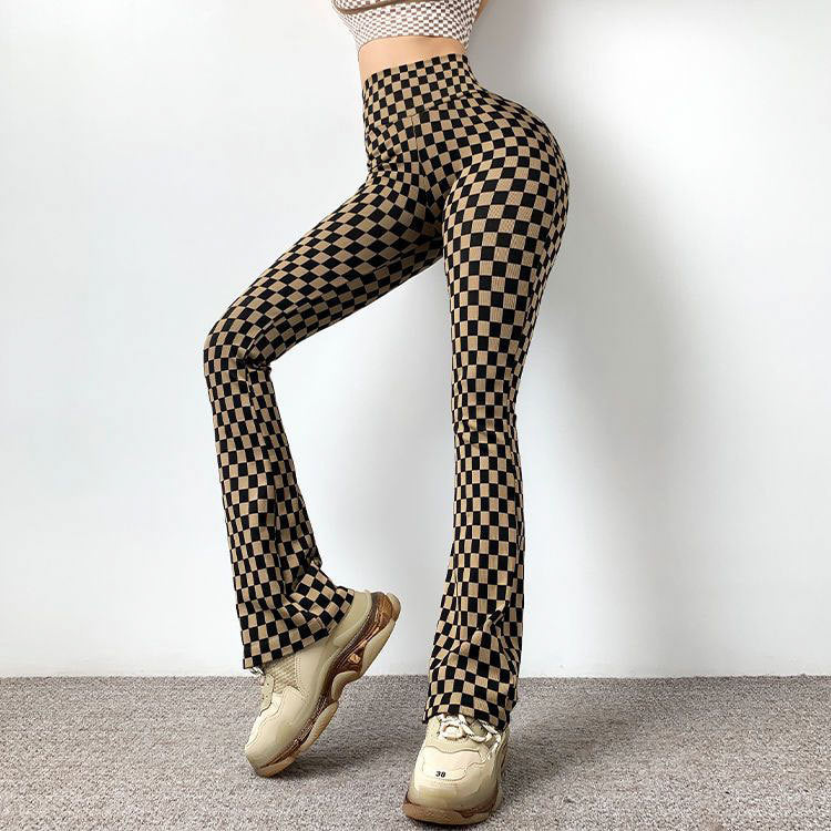Checkerboard Flared Pants for Women, Autumn and Winter High-Waisted Wide-Leg Yoga Pants, Slimming Fitness Pants, Leg-Lengthening and Hip-Lifting