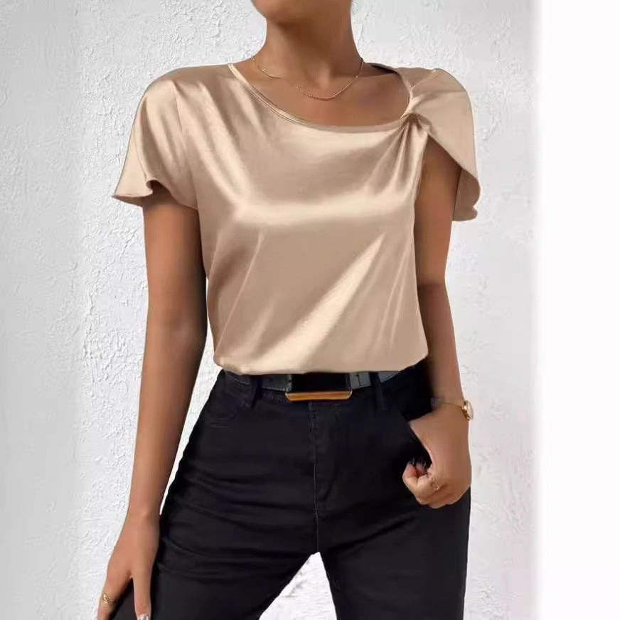 2026 European and American Foreign Trade Cross-Border Supply Summer Satin Short-Sleeve Top with Satin Twist, Solid Color, Loose Fit, Versatile Women's Top