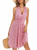 Dress 2025 Cross-Border Urban Fashion Sleeveless Halter Bohemian Dress Floral Pocket Elastic Waist Pleats