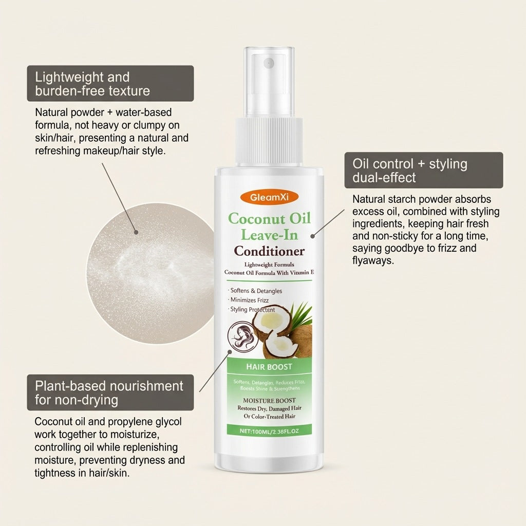 Gleamxi Coconut Oil Leave-In Conditioner Spray Softens Detangles Dry Tangled Minimizes Frizz Boosts Shine Hair Care Product