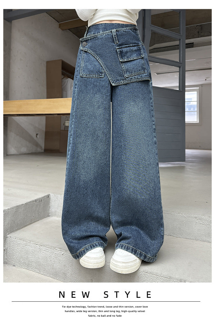 Girls' fart curtain jeans spring autumn new style teens children's straight tube loose wide leg pants retro blue casual pants