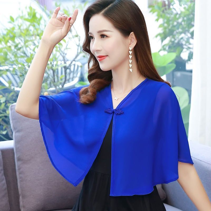 Thin Small Shawl Summer Dress with Sling Skirt Air-conditioning Shirt Women's Cardigan Outer Chiffon Ethnic Style Silver Buckle Small Coat