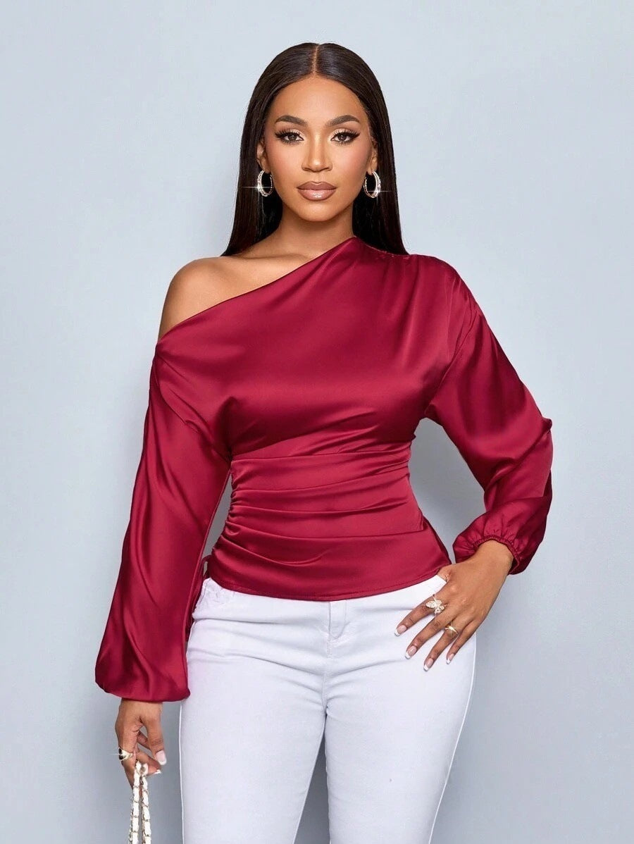 Amazon Cross-Border European and American New Women's Satin Shirt Spring and Summer Asymmetrical Long-Sleeved Slope Collar Shirt Top