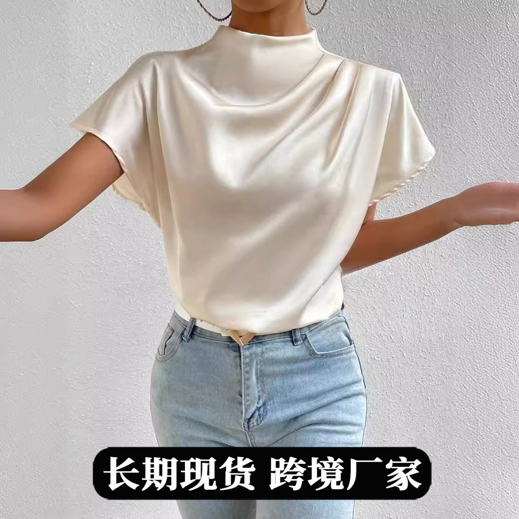 2026 Cross-Border Hot-Selling New Product Round Neck Short-Sleeve Left Shoulder Ruched T-Shirt Satin Women's Top Wholesale in Stock