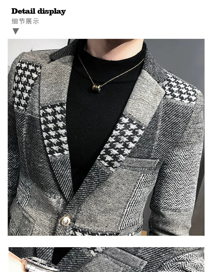 Mens Woolen Jacket 2023 Autumn Winter Fleece Warm Plaid Woolen Coat Streetwear Casual Slim Fit Jacket Coat Fashion Men Clothing