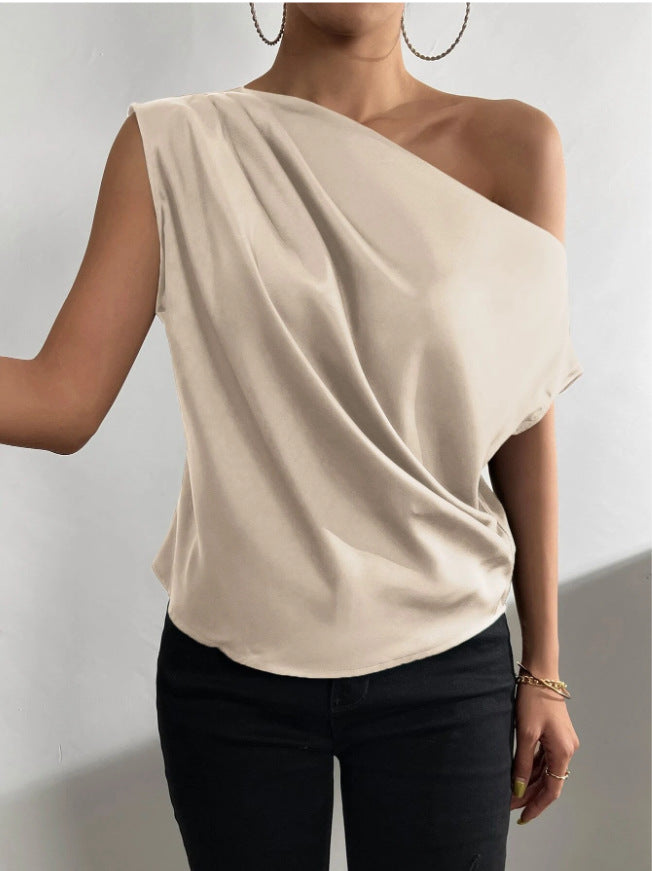 2026 Spring Solid Color Satin Imitation Silk Irregular Off-Shoulder One-Neck Pullover Sleeveless Shirt for Women European and American Fashion