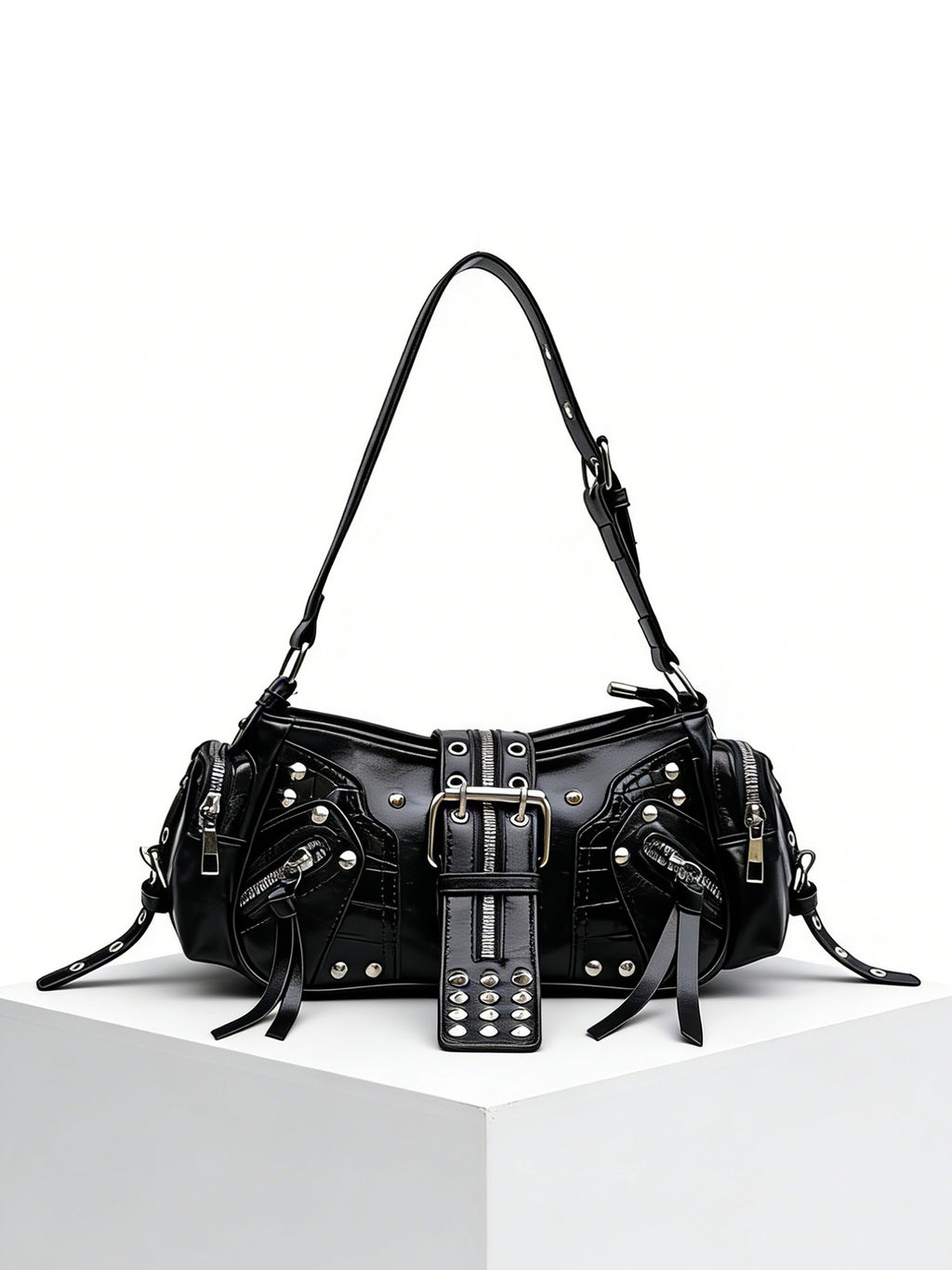 European and American Fashion Personality in Rivet Tassel Spicy Girl Motorcycle Retro Versatile Commuter Underarm Handbag Shoulder Crossbody Bag