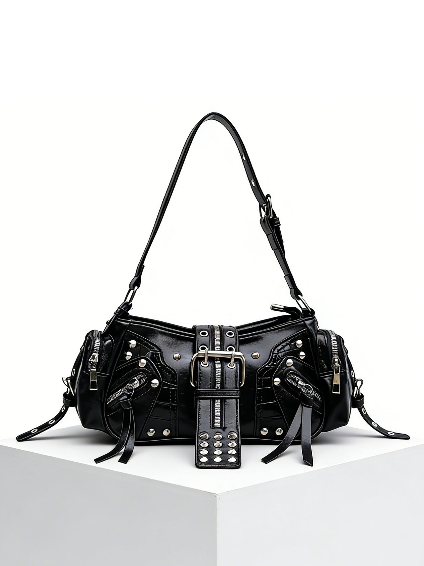 European and American Fashion Personality in Rivet Tassel Spicy Girl Motorcycle Retro Versatile Commuter Underarm Handbag Shoulder Crossbody Bag