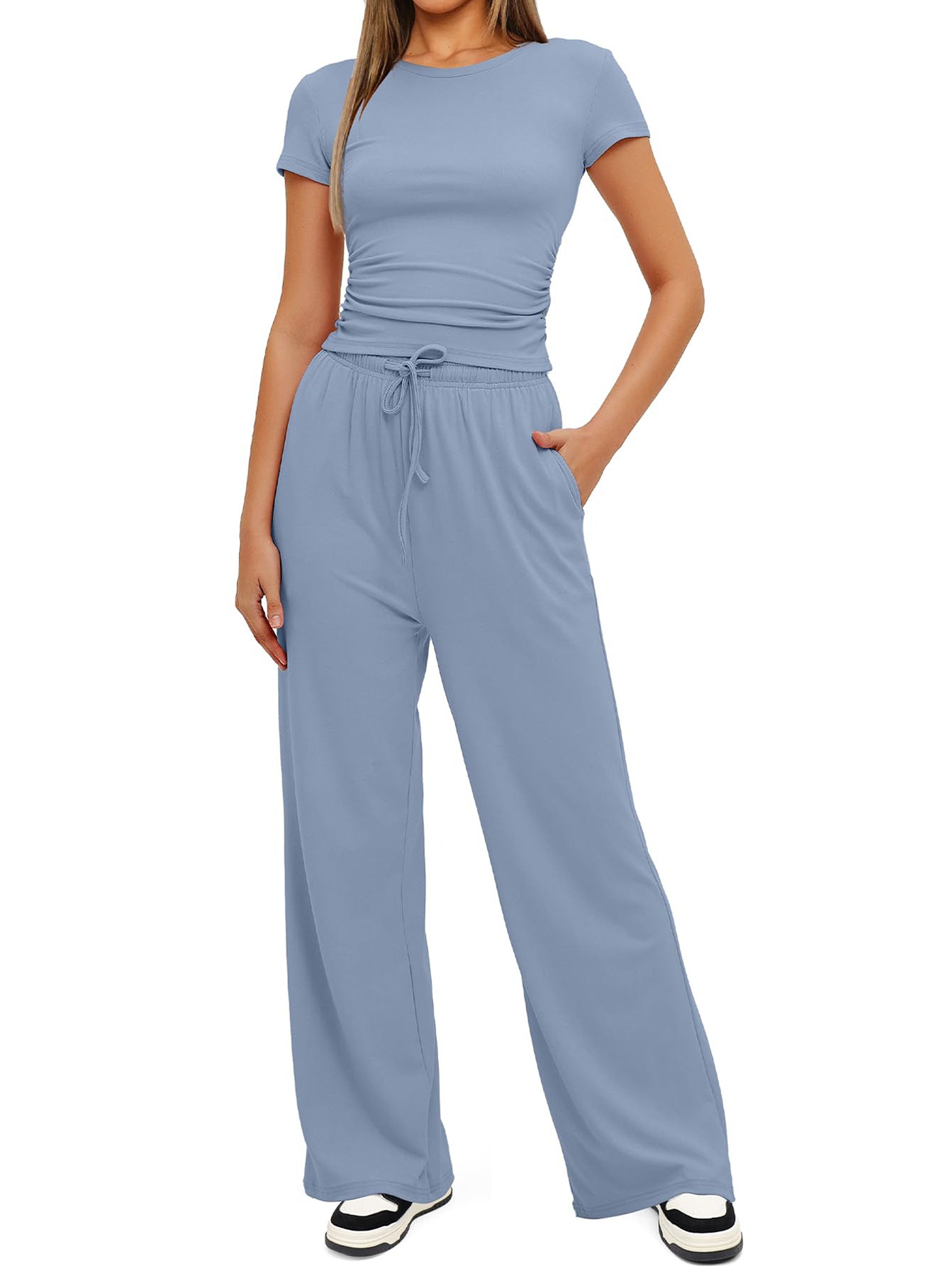 Women's Summer Solid Loose Casual Tracksuit Two Piece Set O Neck Short Sleeve T Shirt Wide Leg Pants Sportswear