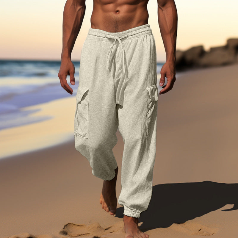 Sports Linen Casual Pants with Thin Drawstrings, Multiple Pockets, Loose Fit, Men's Cargo Pants, Straight-Leg, Relaxed Style