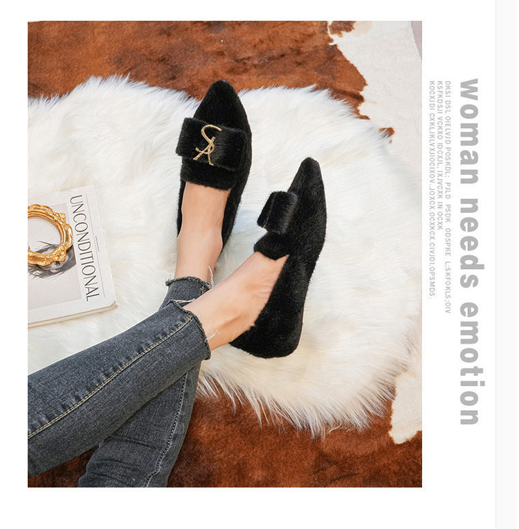 Flats Shoes for Women 2024 New Autumn Pointed Flat Mink Fur Winter Shoes Velvet Women's Loafers Ladies Shoes Plus Size 41 42 43