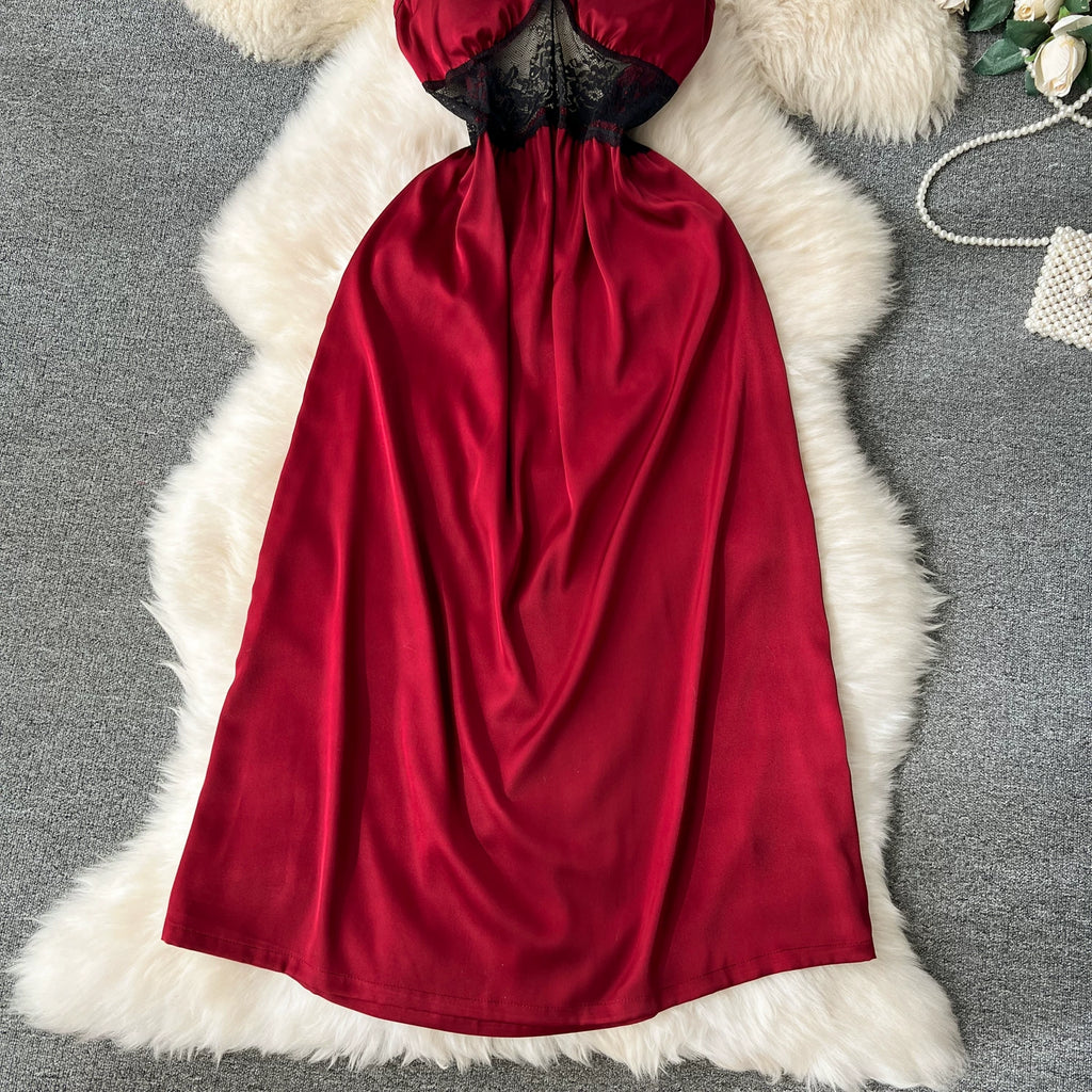 CHILLGIO Women Lace Satin Spaghetti Strap Dress Sexy Hollow Fashion Nightwear Nightgowns Ins Hot A Line Nightie Pajamas Sundress