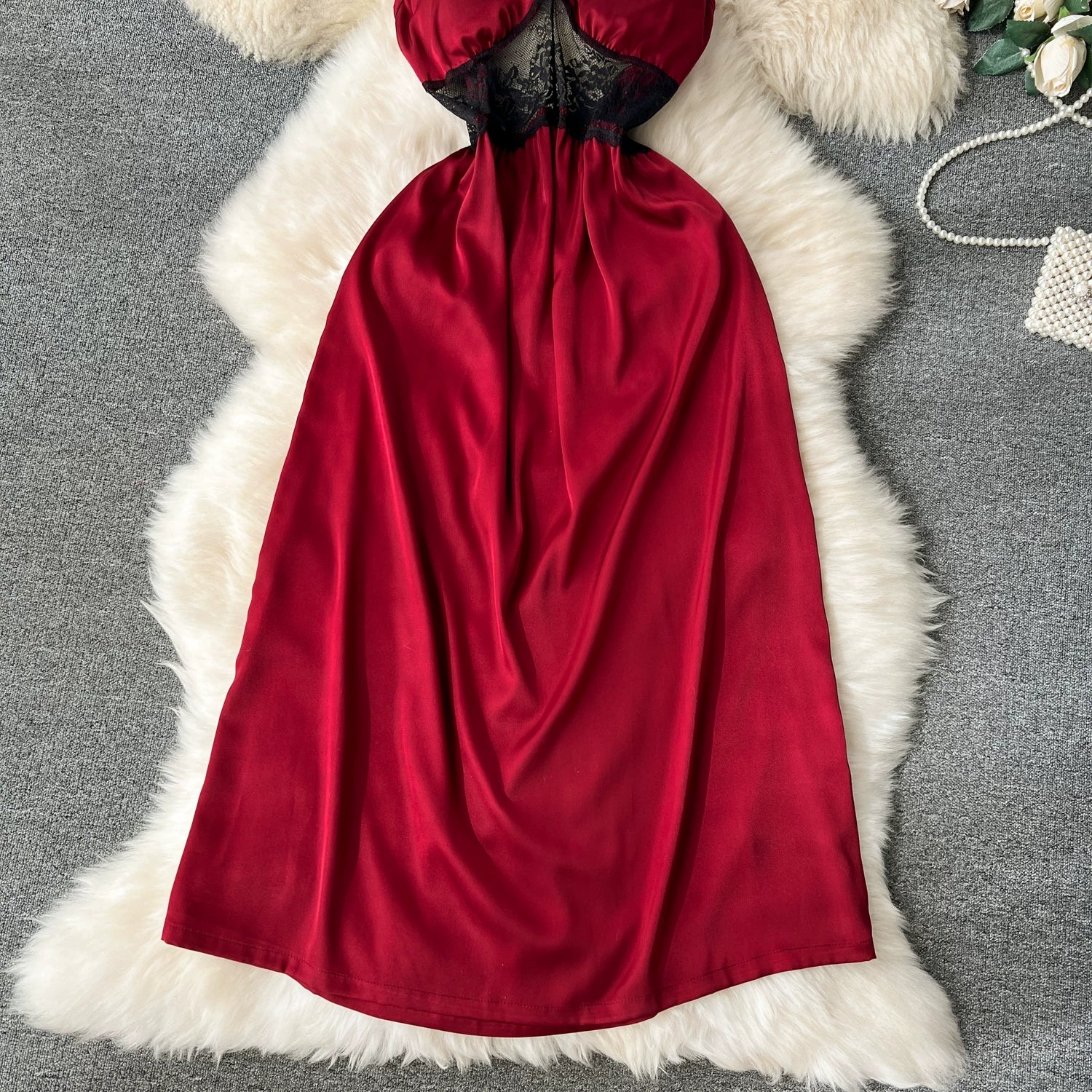 CHILLGIO Women Lace Satin Spaghetti Strap Dress Sexy Hollow Fashion Nightwear Nightgowns Ins Hot A Line Nightie Pajamas Sundress