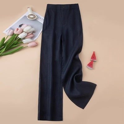Solid Color Linen Wide-Leg Women's Pants 2023 Summer Loose Slimming Drapey High-Waisted Straight Nine-Point Length Leg-Lengthening