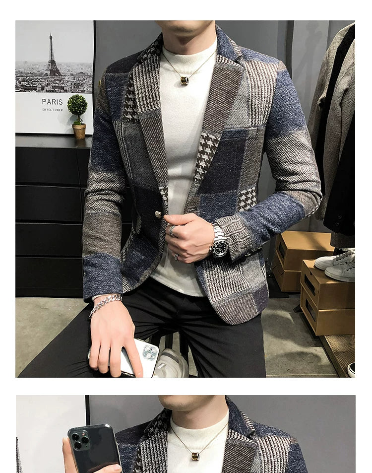 Mens Woolen Jacket 2023 Autumn Winter Fleece Warm Plaid Woolen Coat Streetwear Casual Slim Fit Jacket Coat Fashion Men Clothing