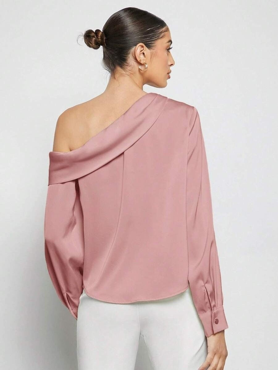 Foreign Trade Cross-Border Pleated Satin Shirt Top Spring and Summer European and American Amazon Off-Shoulder Asymmetrical Long-Sleeved Shirt for Women