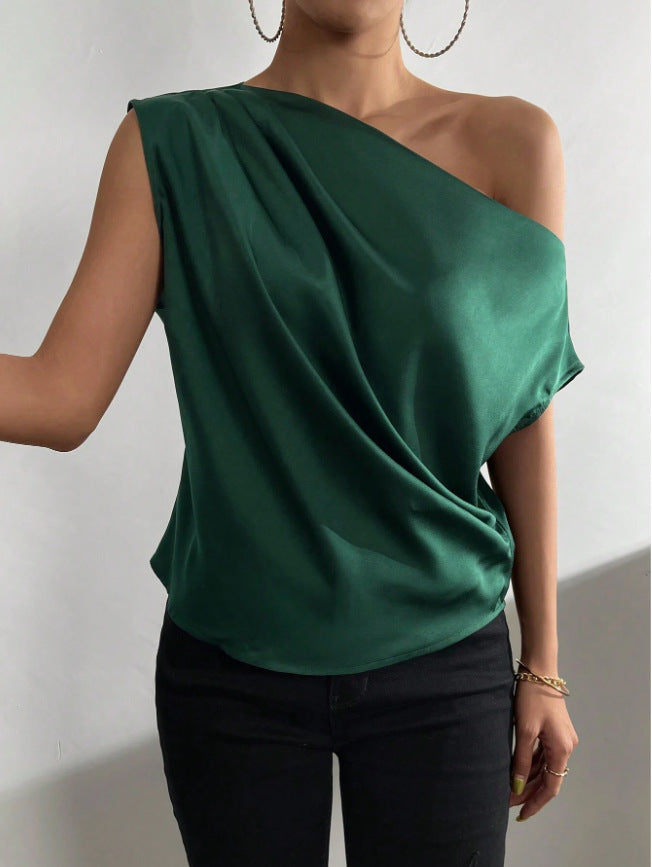 2026 Spring Solid Color Satin Imitation Silk Irregular Off-Shoulder One-Neck Pullover Sleeveless Shirt for Women European and American Fashion