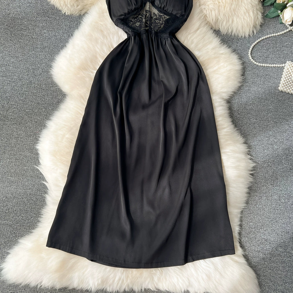CHILLGIO Women Lace Satin Spaghetti Strap Dress Sexy Hollow Fashion Nightwear Nightgowns Ins Hot A Line Nightie Pajamas Sundress
