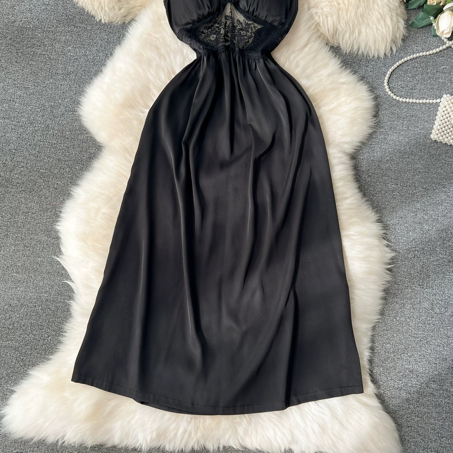 CHILLGIO Women Lace Satin Spaghetti Strap Dress Sexy Hollow Fashion Nightwear Nightgowns Ins Hot A Line Nightie Pajamas Sundress
