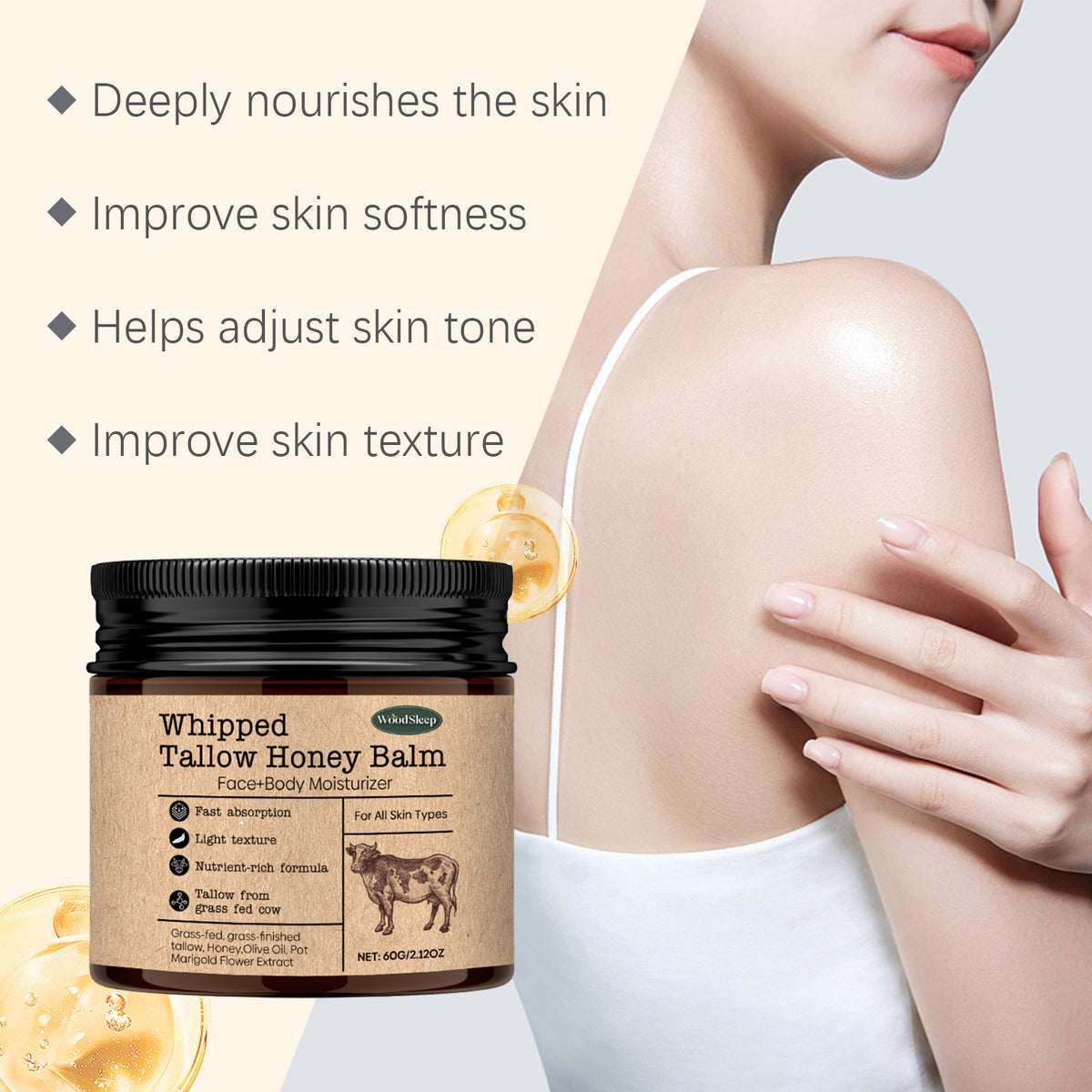 WoodSleep Beef Tallow Paste Deeply Moisturizer Brightening Wrinkle Remover Grass Fed Tallow Wild Honey Face Body Cream Skin Car
