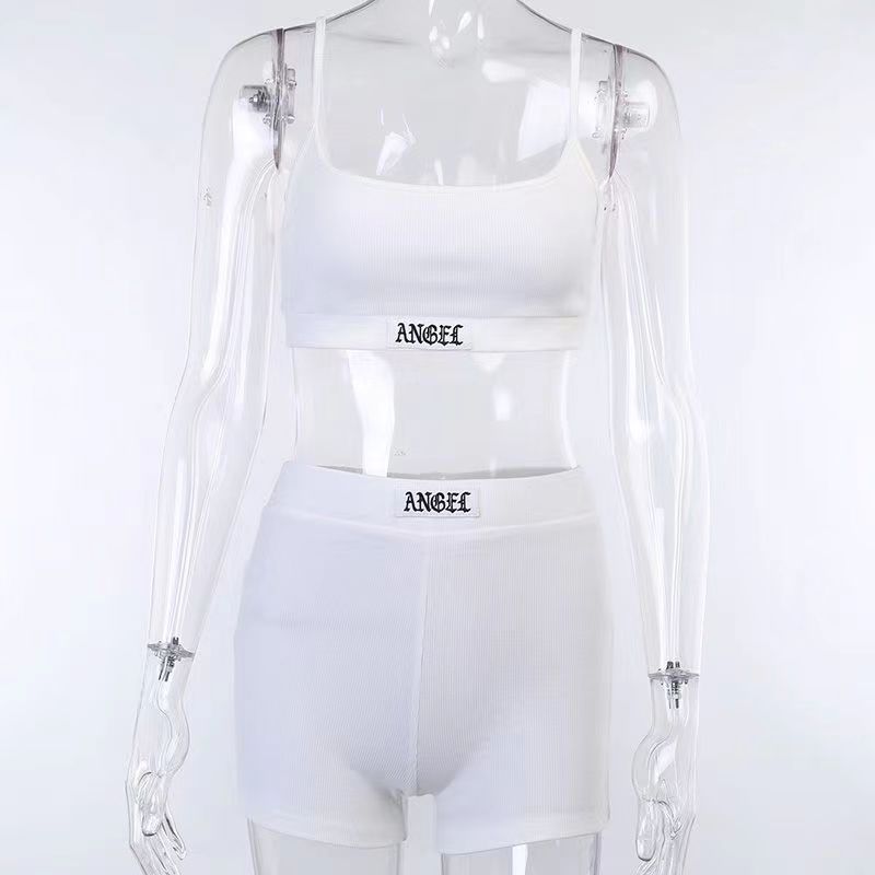 2024 spring and summer new English label rib European and American fashion small suspender shorts suit women's cross-border foreign trade Wholesale