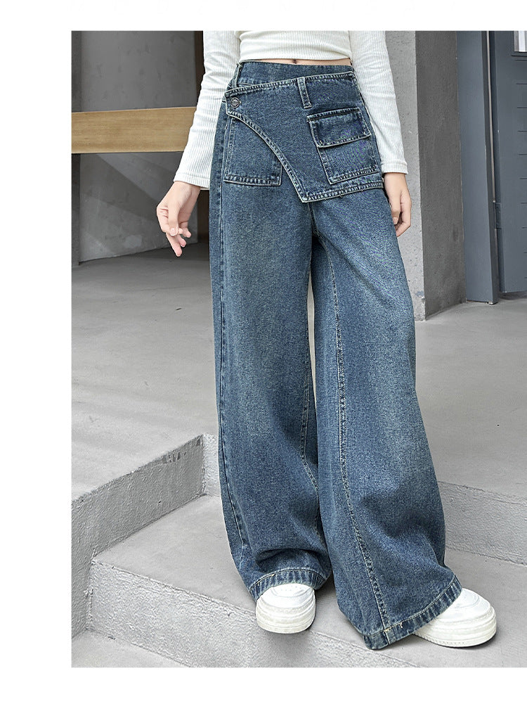 Girls' fart curtain jeans spring autumn new style teens children's straight tube loose wide leg pants retro blue casual pants