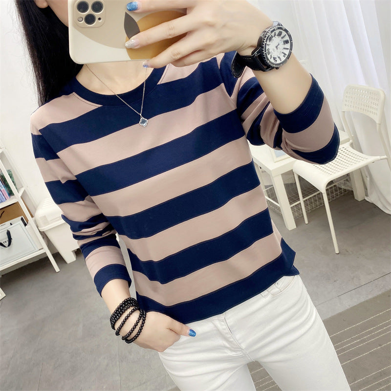 Autumn chubby girl Plus Size Large Size Loose Cotton Long-sleeved T-shirt Women's Middle-aged Mother Base Shirt Striped Top