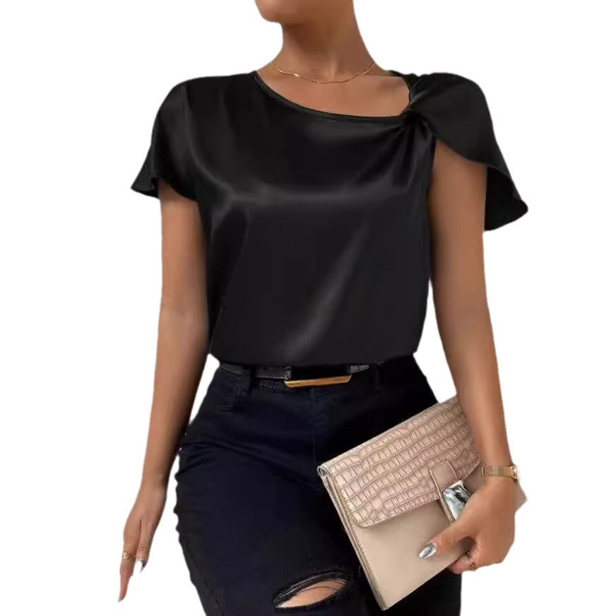 2026 European and American Foreign Trade Cross-Border Supply Summer Satin Short-Sleeve Top with Satin Twist, Solid Color, Loose Fit, Versatile Women's Top