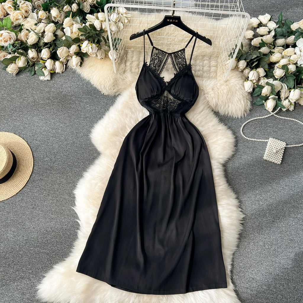 CHILLGIO Women Lace Satin Spaghetti Strap Dress Sexy Hollow Fashion Nightwear Nightgowns Ins Hot A Line Nightie Pajamas Sundress