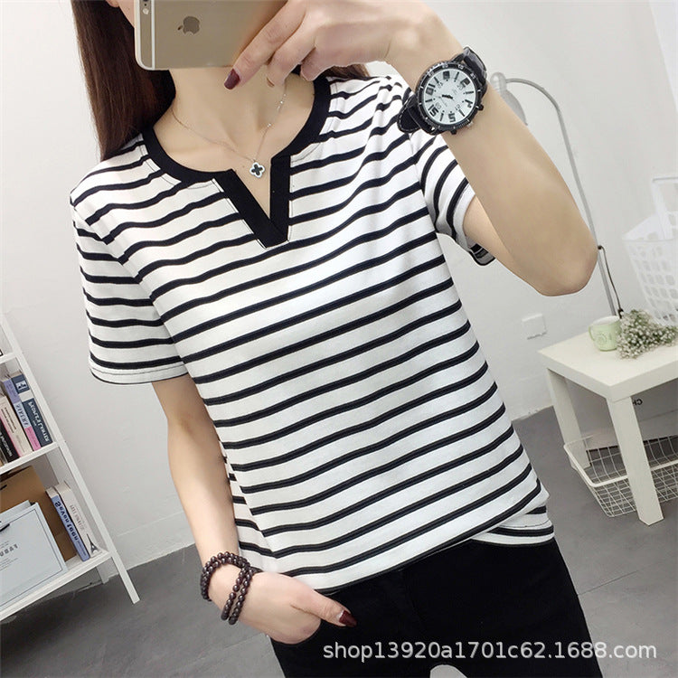 chubby girl Striped Short-sleeved T-shirt Women's Extras Large Size Loose Slimming Half-sleeved T-shirt Cotton Casual V-neck Top