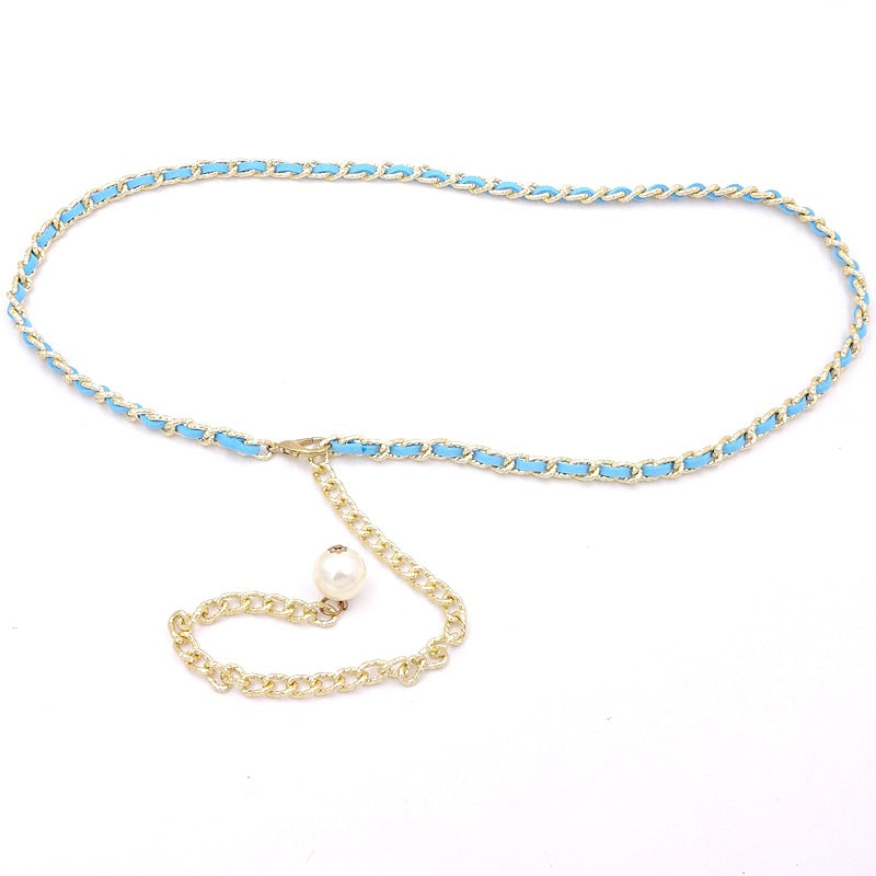 Korean style versatile metal thin waist chain women's skirt decorative pearl belt sweet lady decorative belt