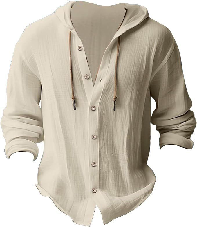 Summer Men's Linen Shirt Solid Streetwear Long Sleeve Hoodie Cardigan Clothing For Men Button Tops Casual Loose Men Hooded Shirt
