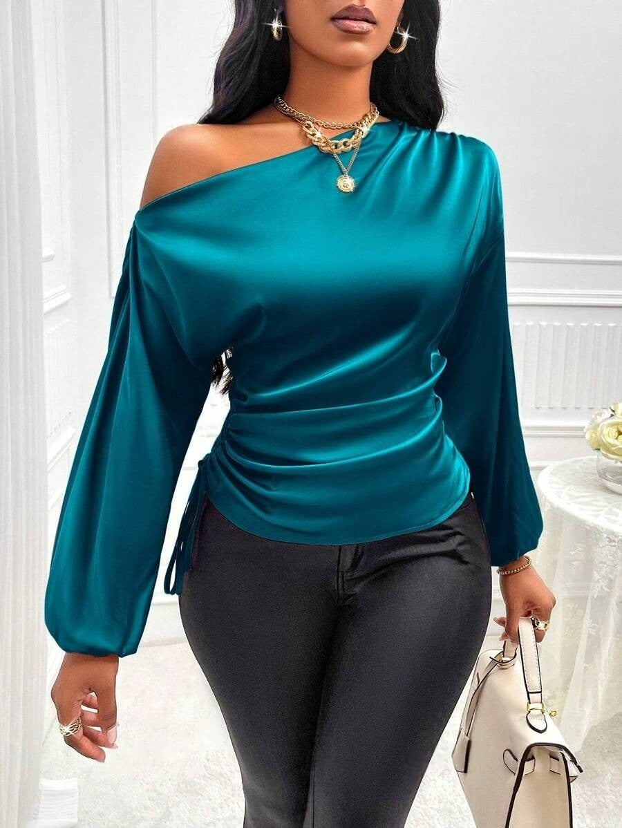 Amazon Cross-Border European and American New Women's Satin Shirt Spring and Summer Asymmetrical Long-Sleeved Slope Collar Shirt Top