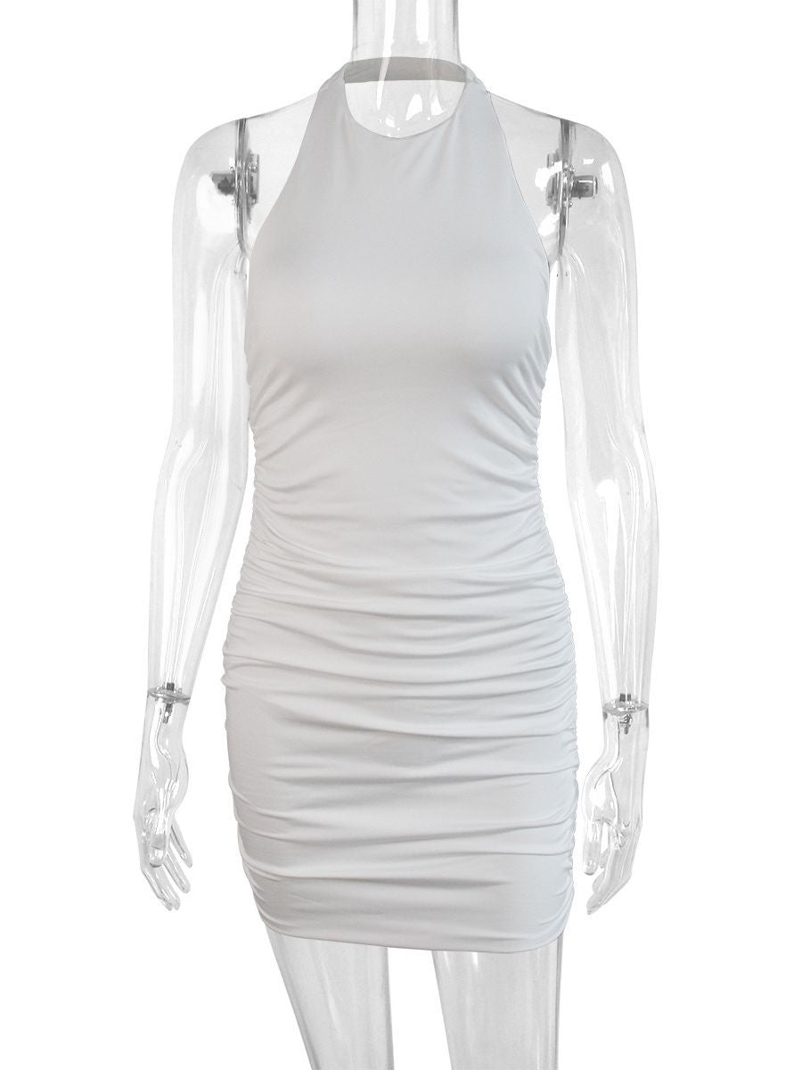 2024 Cross-Border New Sleeveless Backless Dress Round Neck Women's European and American Sexy Halter Pleated Slim Skirt