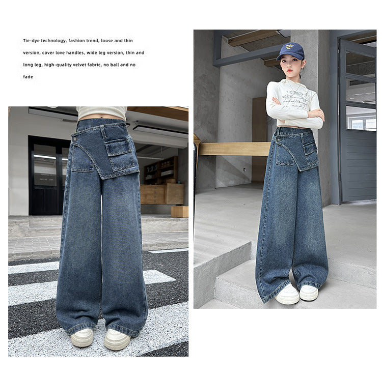 Girls' fart curtain jeans spring autumn new style teens children's straight tube loose wide leg pants retro blue casual pants