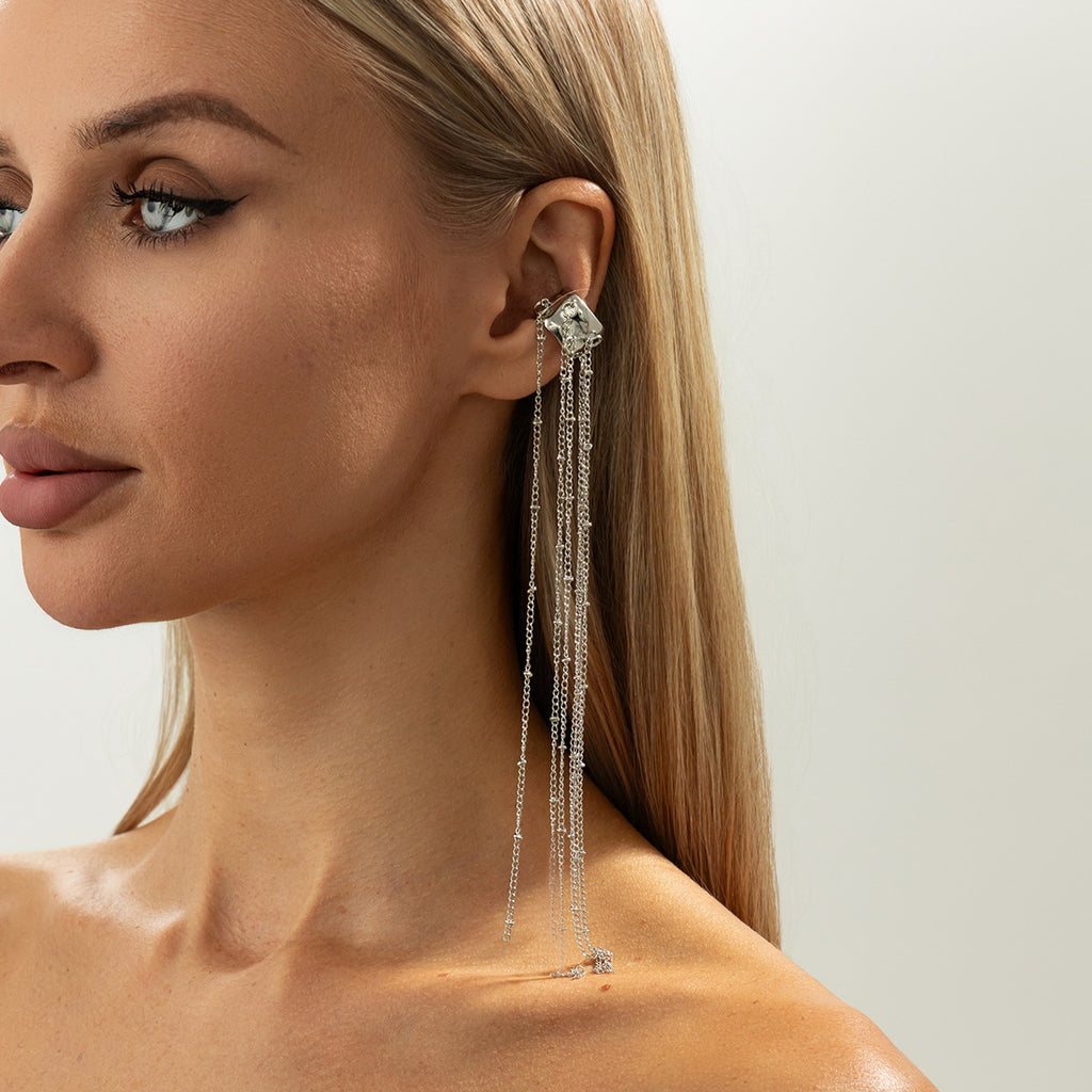 Unique Long Tassel No Piercing Ear Clip Earrings for Women New Gothic Silver Color C-shaped Ear Cuff Fashion Jewelry Gift