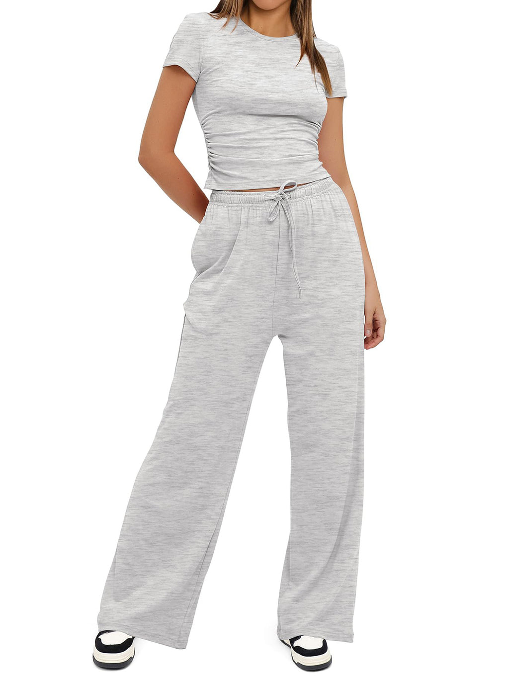 Women's Summer Solid Loose Casual Tracksuit Two Piece Set O Neck Short Sleeve T Shirt Wide Leg Pants Sportswear