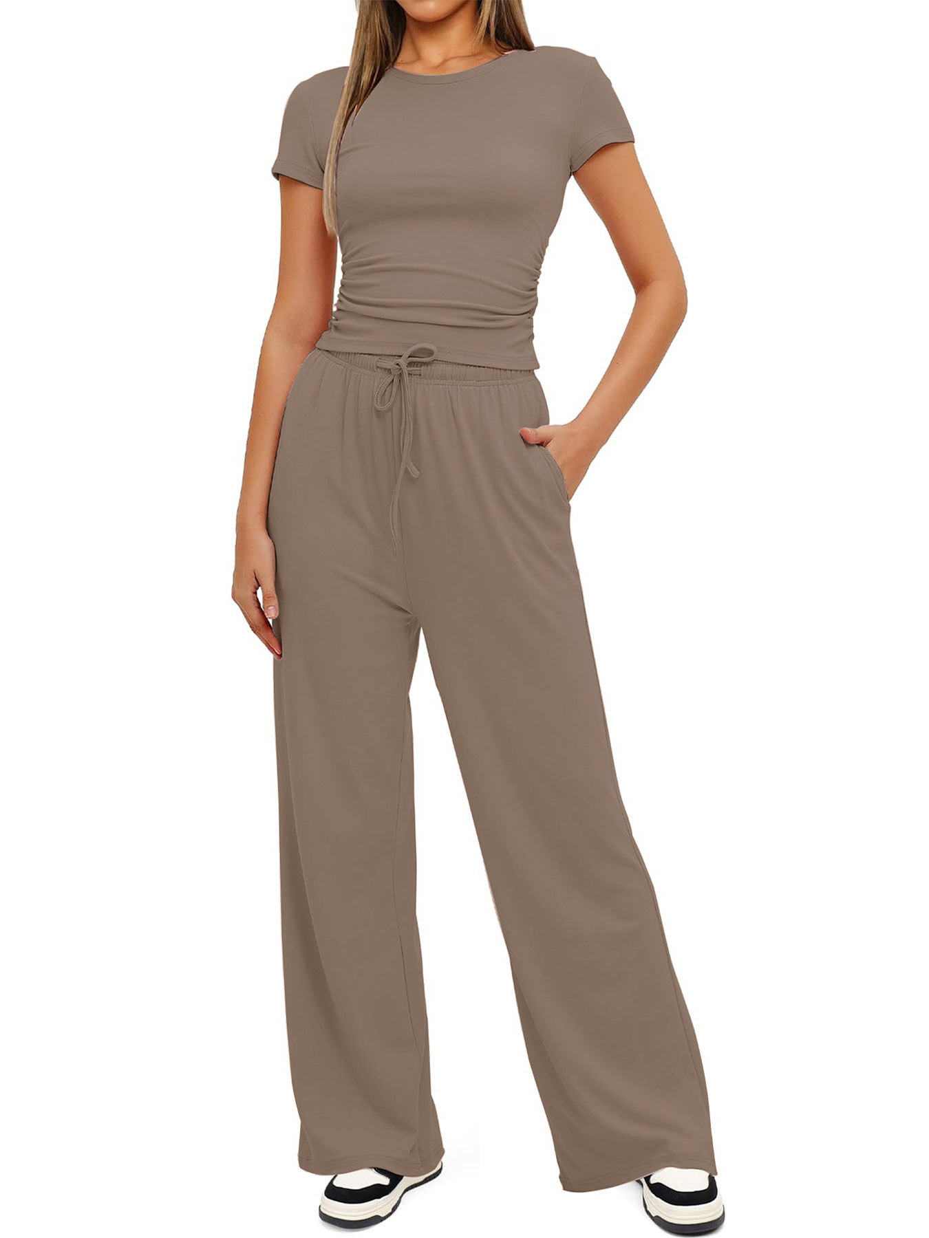 Women's Summer Solid Loose Casual Tracksuit Two Piece Set O Neck Short Sleeve T Shirt Wide Leg Pants Sportswear