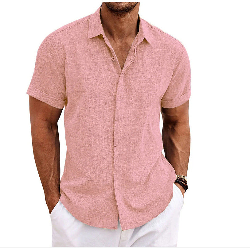 European and American Men's Double Placket Cotton Linen Cardigan Short-sleeved high quality Shirt Summer Home Short-sleeved Lapel Shirt Cross-border