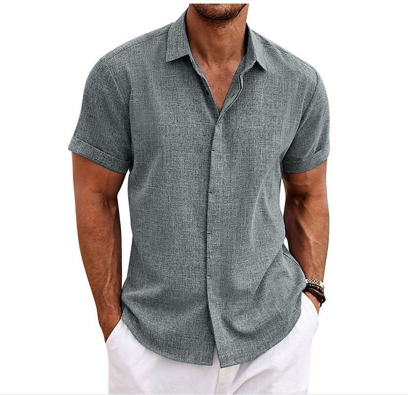 European and American Men's Double Placket Cotton Linen Cardigan Short-sleeved high quality Shirt Summer Home Short-sleeved Lapel Shirt Cross-border