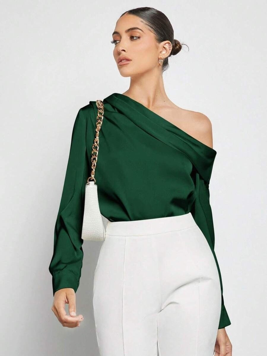 Foreign Trade Cross-Border Pleated Satin Shirt Top Spring and Summer European and American Amazon Off-Shoulder Asymmetrical Long-Sleeved Shirt for Women