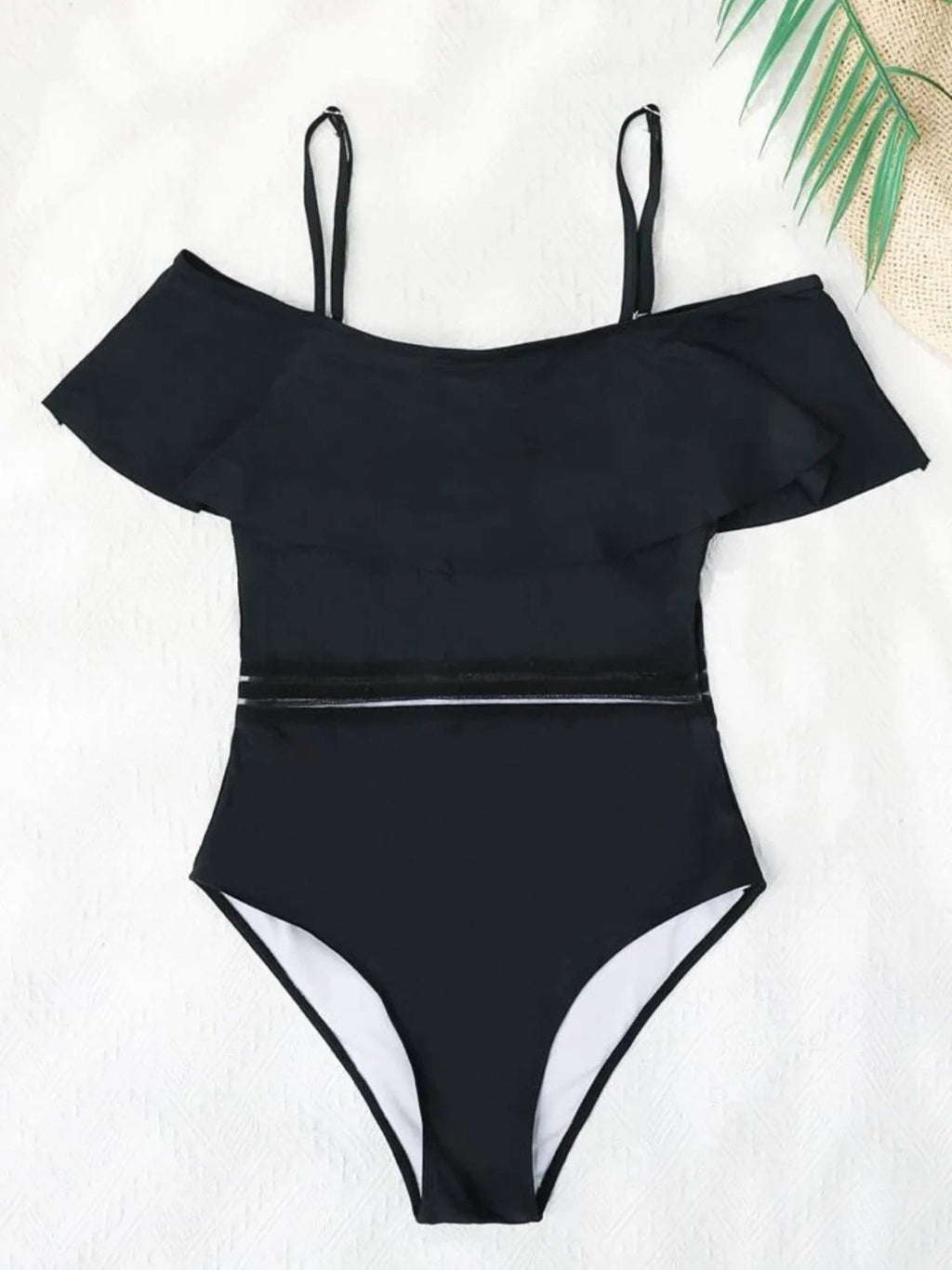 Europe and the United States cross-border new foreign trade ladies one-piece swimsuit solid color stitching sexy lotus leaf shoulder swimsuit bikini