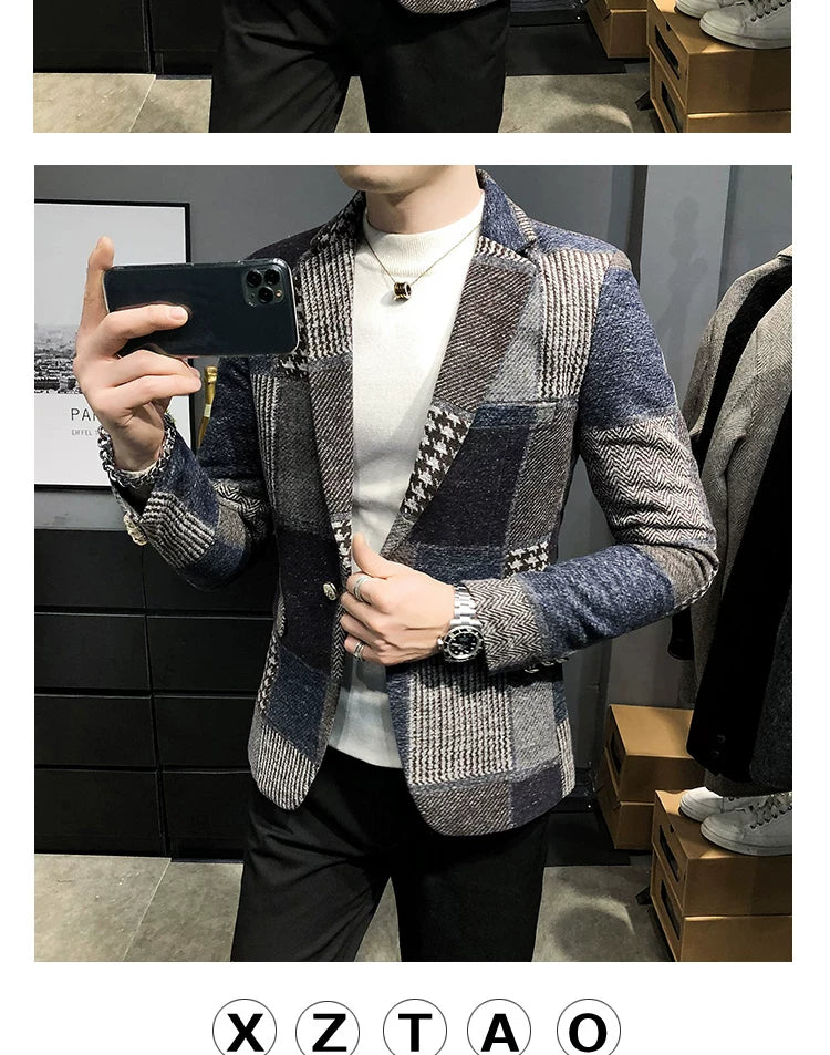 Mens Woolen Jacket 2023 Autumn Winter Fleece Warm Plaid Woolen Coat Streetwear Casual Slim Fit Jacket Coat Fashion Men Clothing