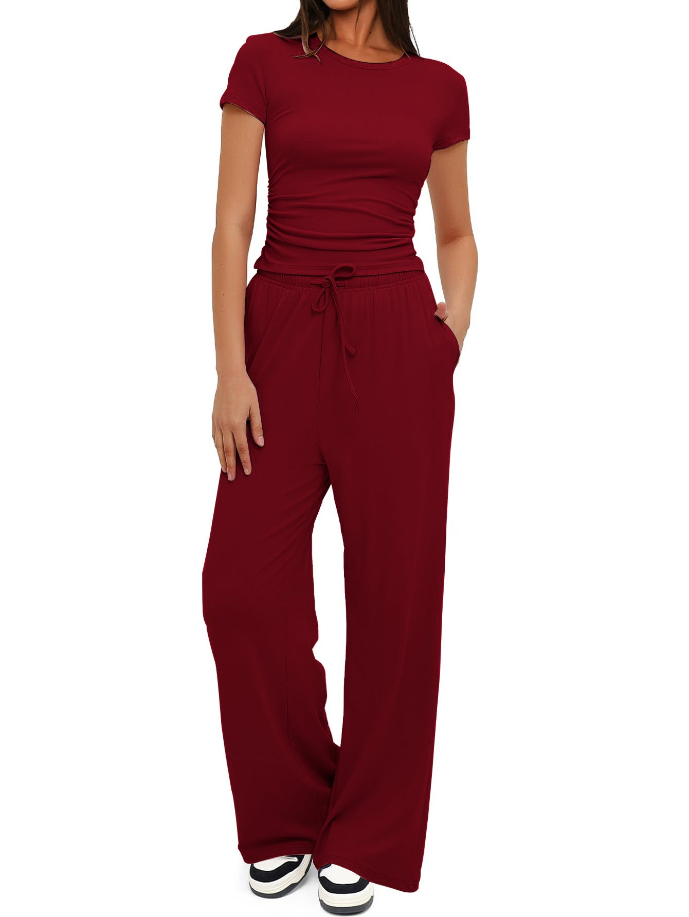 Women's Summer Solid Loose Casual Tracksuit Two Piece Set O Neck Short Sleeve T Shirt Wide Leg Pants Sportswear
