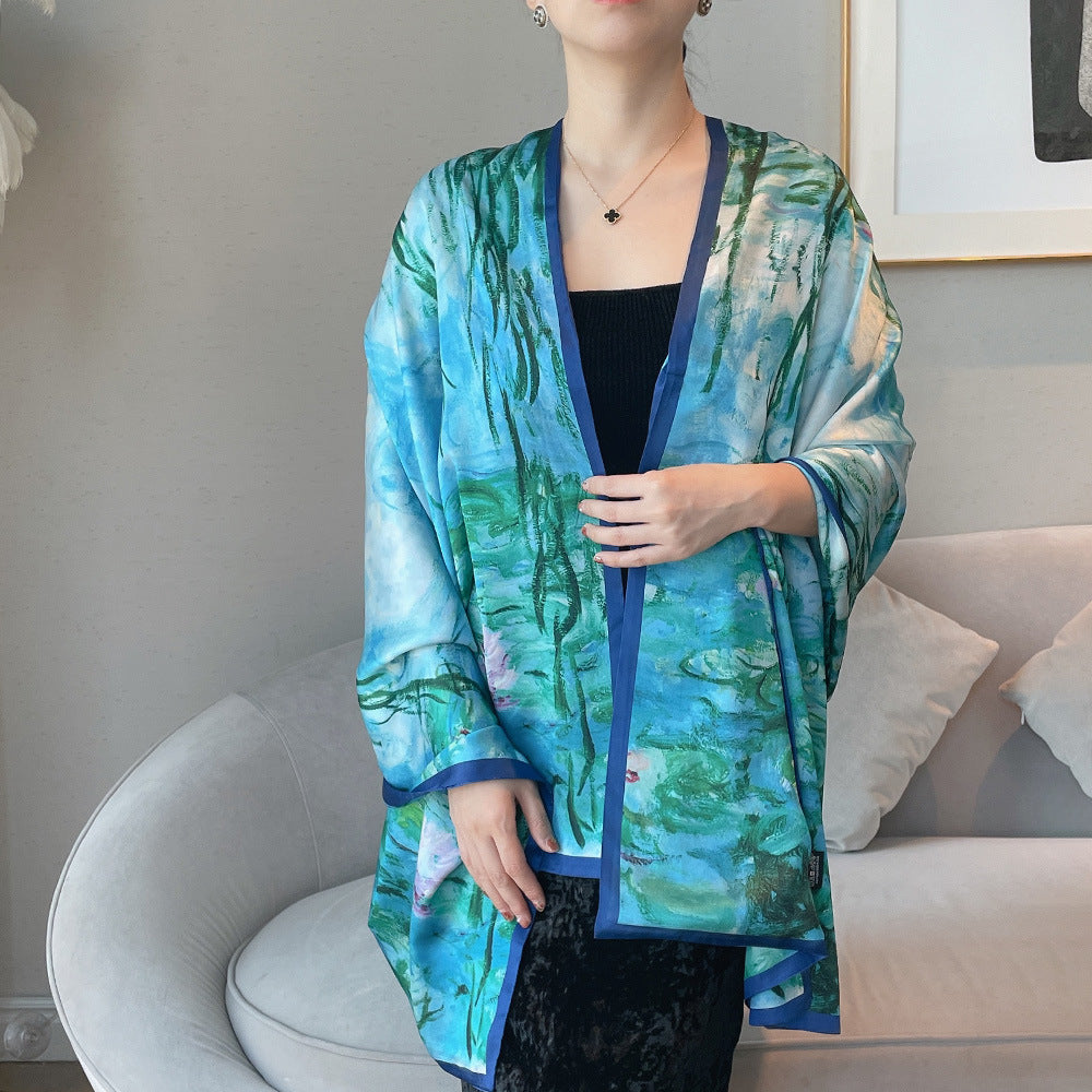 Van Gogh Monet oil painting double-sided double-layer silk scarf women's long 180x70 new silk satin popular fashion scarf shawl New