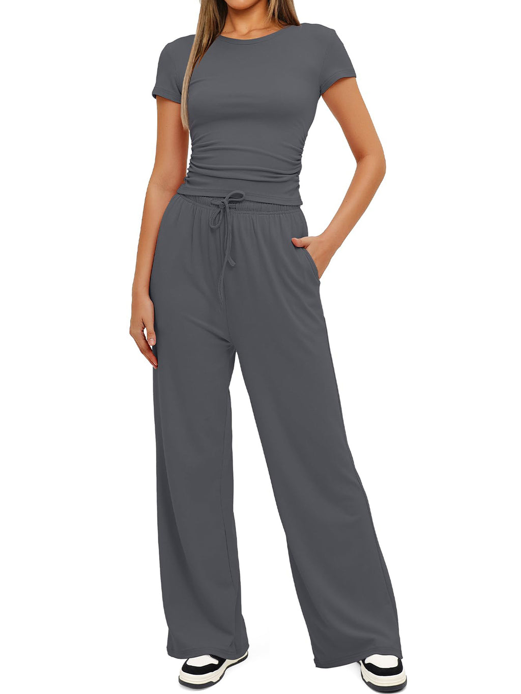 Women's Summer Solid Loose Casual Tracksuit Two Piece Set O Neck Short Sleeve T Shirt Wide Leg Pants Sportswear