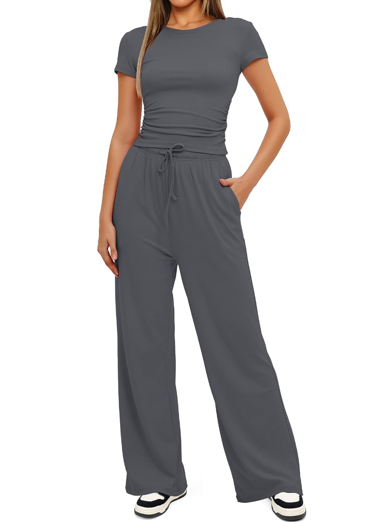 Women's Summer Solid Loose Casual Tracksuit Two Piece Set O Neck Short Sleeve T Shirt Wide Leg Pants Sportswear